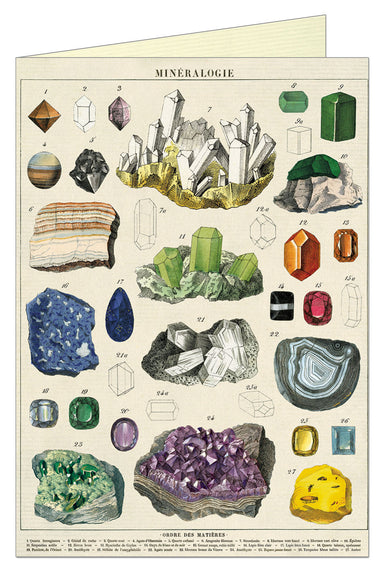 Cavallini & Co. Minerology Single Card- Vintage-style card with illustrations of various minerals and crystals, labeled 'Mineralogie'.