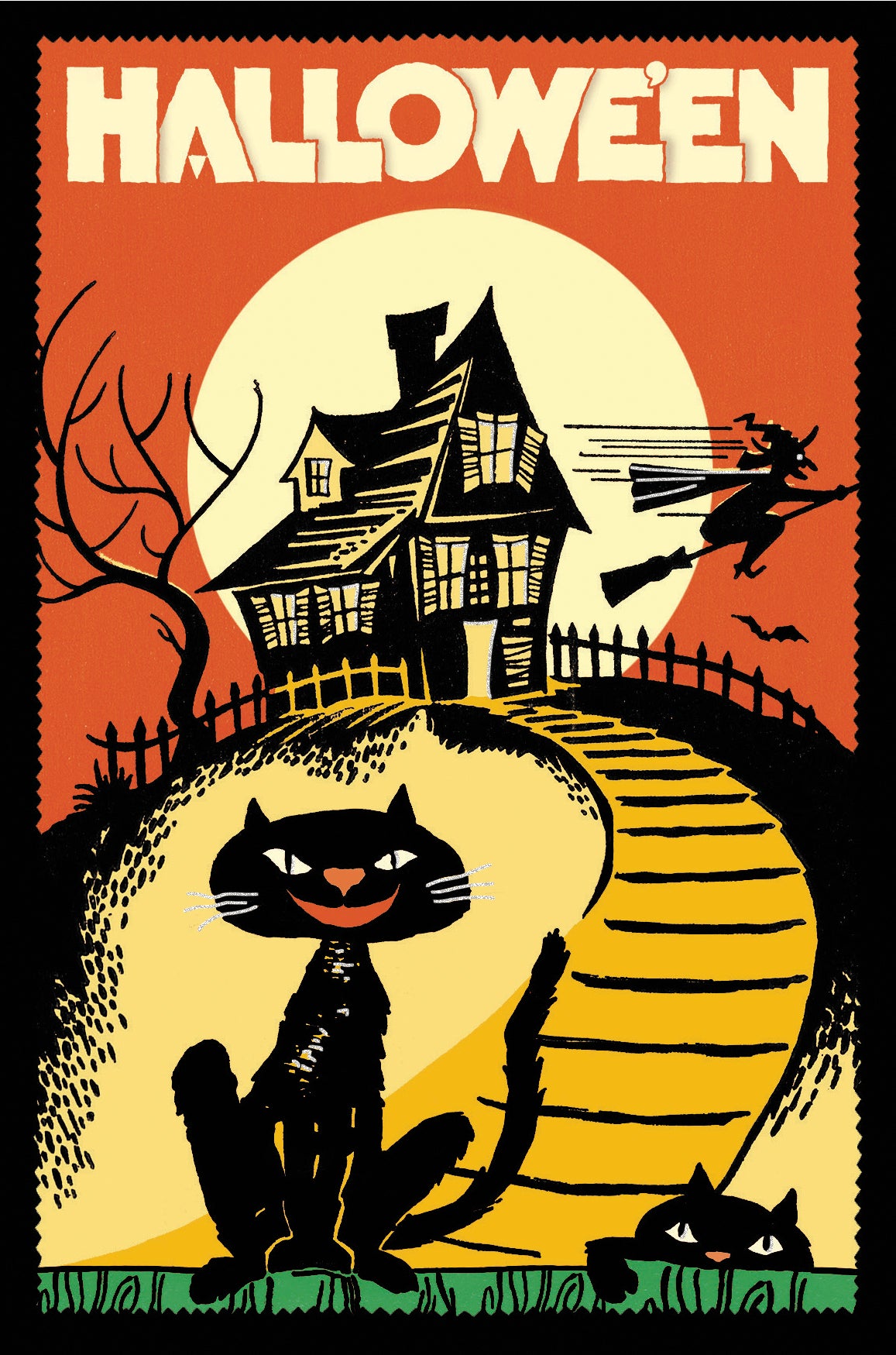 Vintage-style Halloween postcard with the word 'HALLOWEEN' at the top, a haunted house, a witch on a broomstick, a large black cat in the foreground, and a yellow full moon against an orange sky.