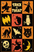 A Halloween-themed postcard featuring a grid of spooky illustrations. The design has alternating orange and black squares with black silhouettes of a witch on a broom, a scarecrow, a bat, an owl, a cat, a jack-o'-lantern, a witch, and a crescent moon, plus cream-colored text reading 'TRICK OR TREAT' in the top center.