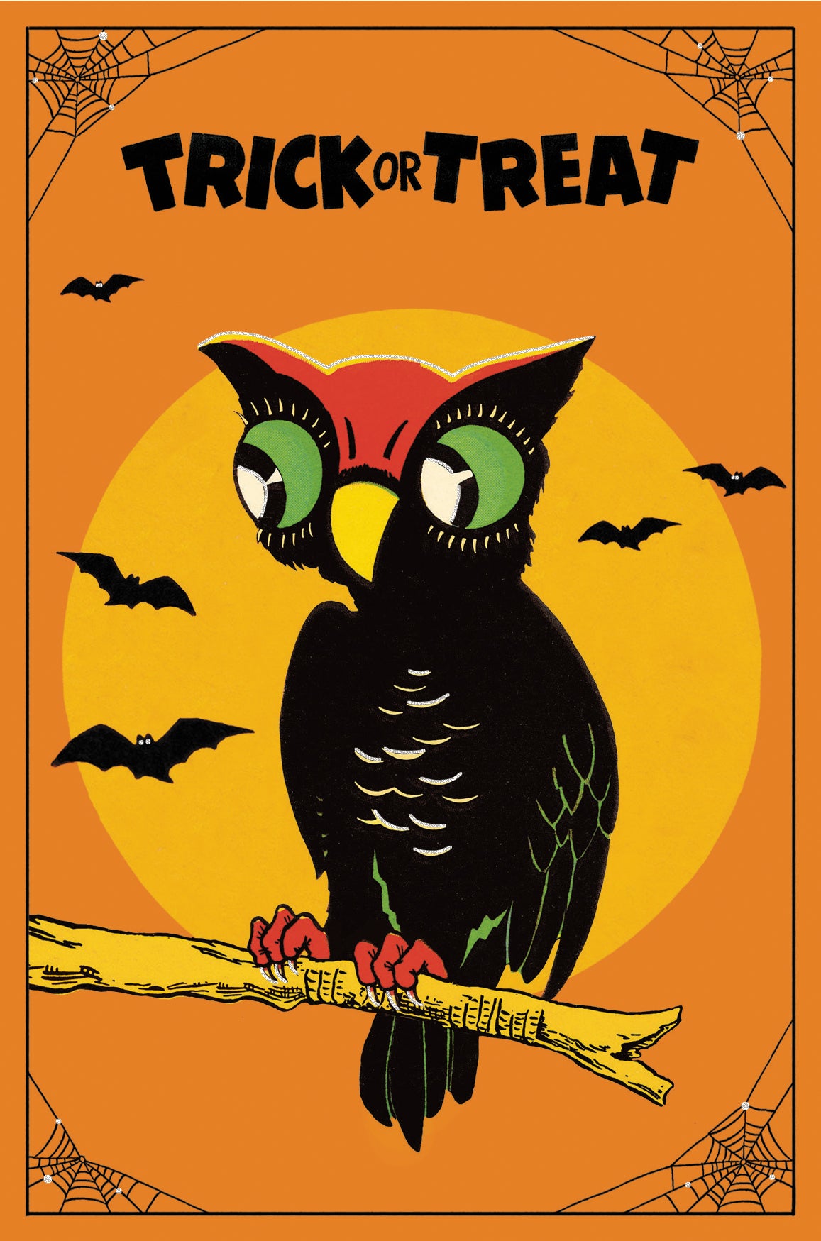 A vintage-style Halloween postcard featuring a black owl with green eyes perched on a branch against a yellow-orange sun and orange background, with the words “TRICK OR TREAT” at the top and bats flying around.