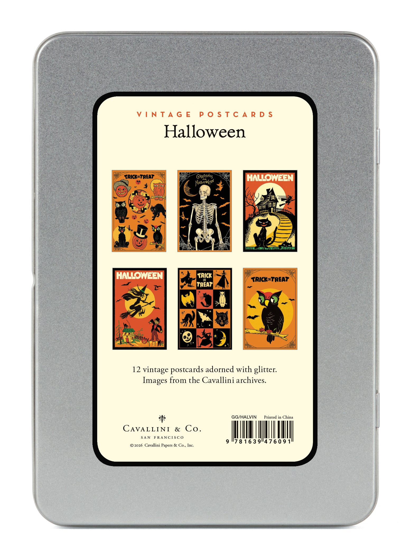 A silver metal tin containing vintage Halloween postcards, shown from the back. The back features a cream-colored label with six colorful Halloween-themed postcard designs, including a skeleton, a witch, and a cat under a full moon.