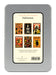 A silver metal tin containing vintage Halloween postcards, shown from the back. The back features a cream-colored label with six colorful Halloween-themed postcard designs, including a skeleton, a witch, and a cat under a full moon.