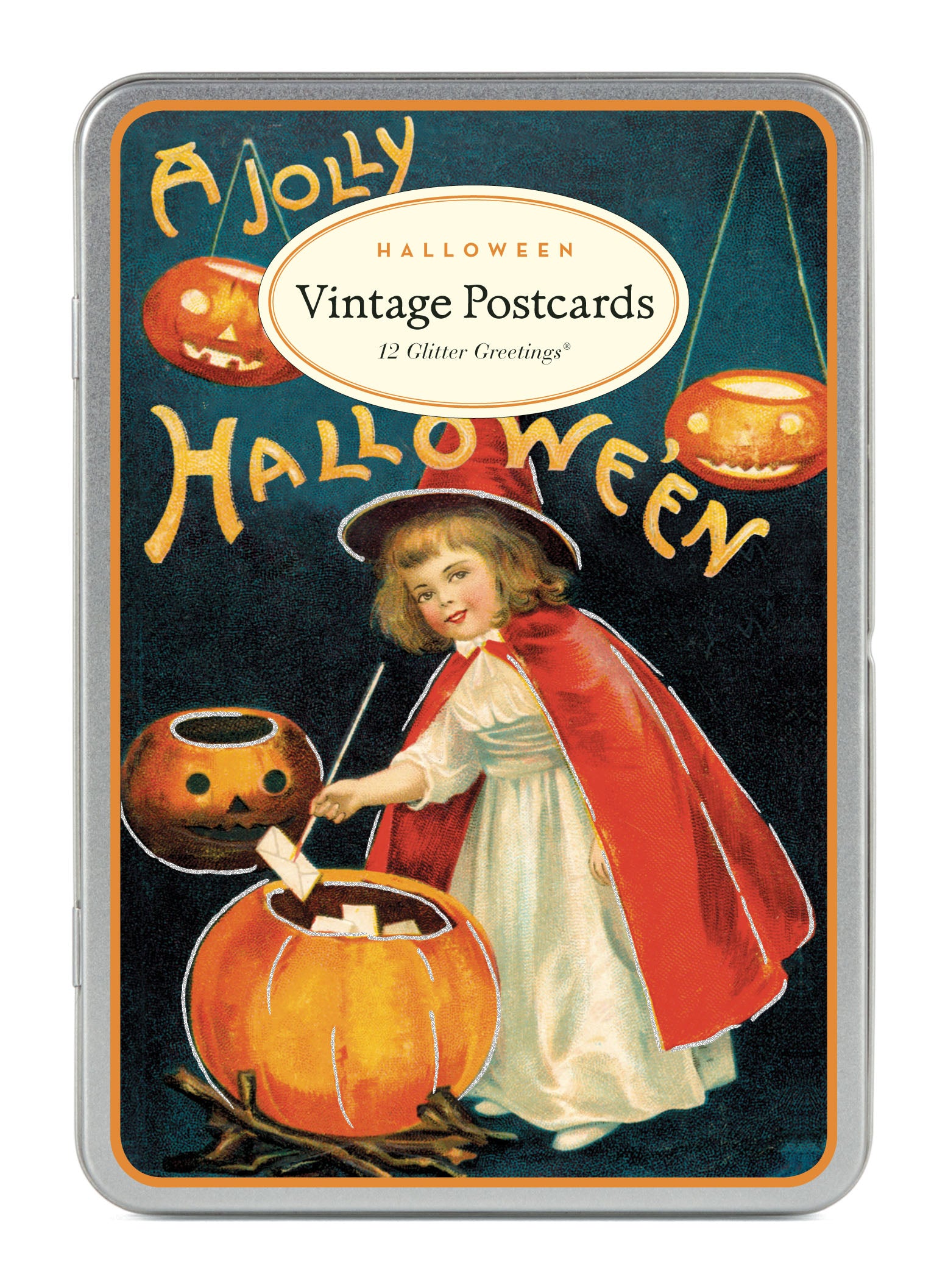 Vintage-style Halloween postcard box with a child in a red cape and pumpkin, featuring 'A Jolly Halloween Vintage Postcards' text.