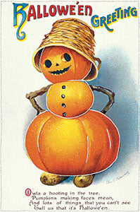 Vintage Halloween postcard featuring a carved orange pumpkin figure wearing a straw hat and holding a large orange pumpkin, with 'Halloween Greeting' text at the top and a poem at the bottom.