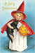 Vintage Halloween postcard featuring a young girl in a red witch hat and cape holding a black cat and a carved pumpkin, with the text 'A Jolly Halloween' on a blue background.
