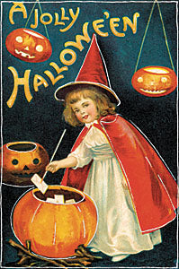Vintage Halloween postcard showing a young girl in a pointed witch hat and red cape standing beside a large orange pumpkin cauldron, with two jack-o'-lantern faces hanging in the dark blue background. Large yellow text at the top reads 'A Jolly Halloween'.