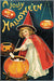 Vintage Halloween postcard showing a young girl in a pointed witch hat and red cape standing beside a large orange pumpkin cauldron, with two jack-o'-lantern faces hanging in the dark blue background. Large yellow text at the top reads 'A Jolly Halloween'.