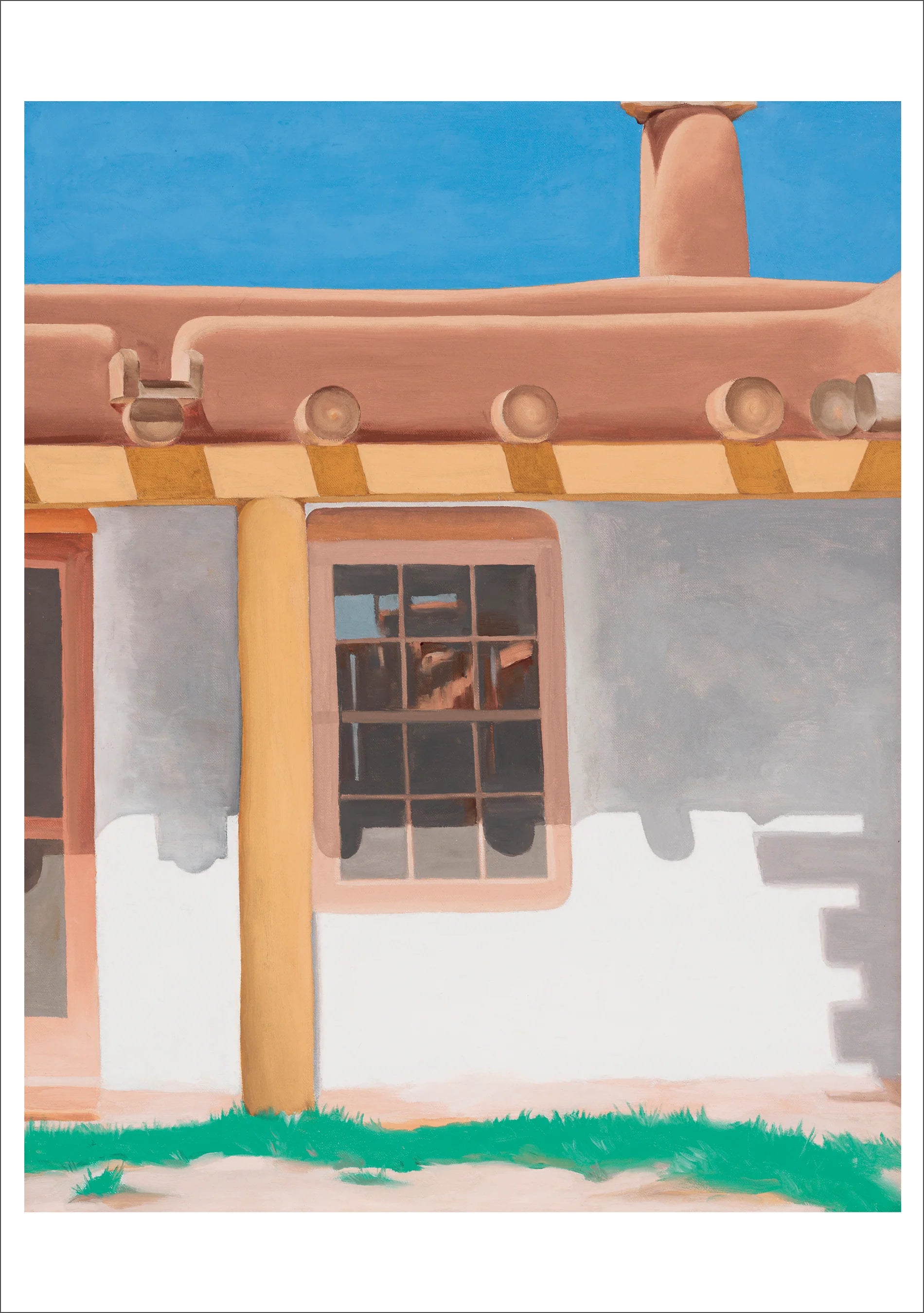 A stylized painting of an adobe-style building facade with a blue sky, tan roofline, gray and white walls, a window, and green grass at the bottom.