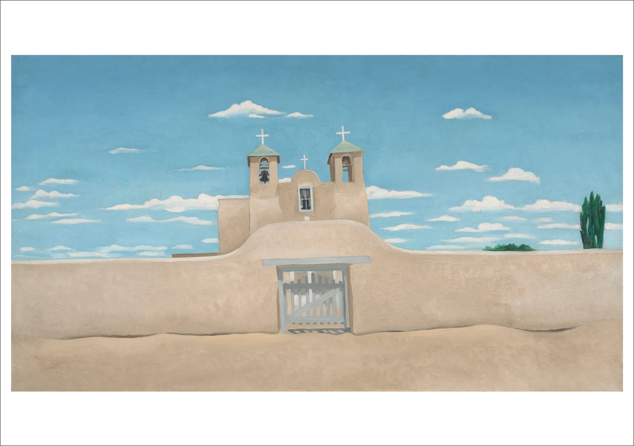 A stylized landscape artwork showing a beige adobe church with two bell towers and crosses under a bright blue sky with white clouds, set within a white border.