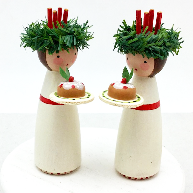 Celebration of Light - Santa Lucia  class samples- 2 peg dolls with crowns holding cakes