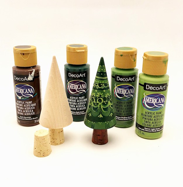 Alpine Village class samples- 1 finished tree, one plain wood tree, with green craft paints