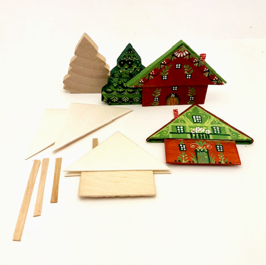 Alpine Village class samples- 3 houses 2 trees finished and raw materials