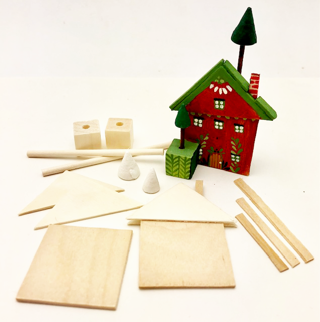 Alpine Village class samples- 1 house, 1 trees with unpainted parts