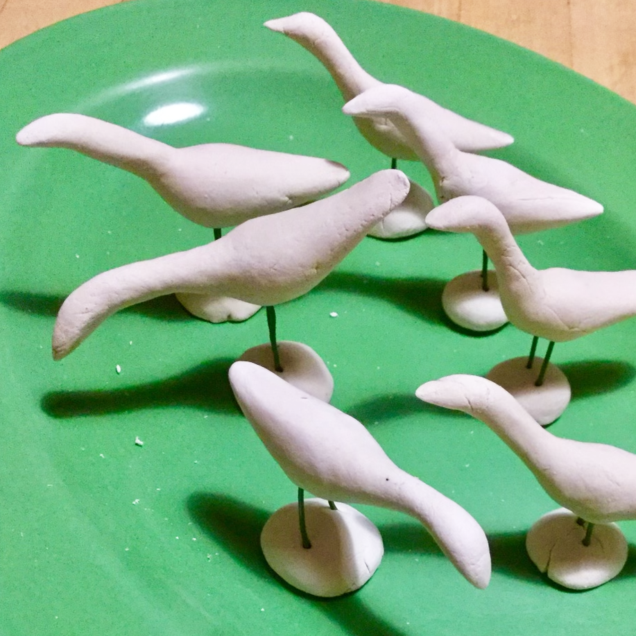 Making Paper Clay Birds class samples  unpainted geese