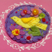 Felt Garden Heart Class sample with yellow bird mounted onto pink hand-drawn card 