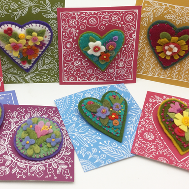 Felt Garden Hearts Class samples mounted onto colorful hand-drawn cards 