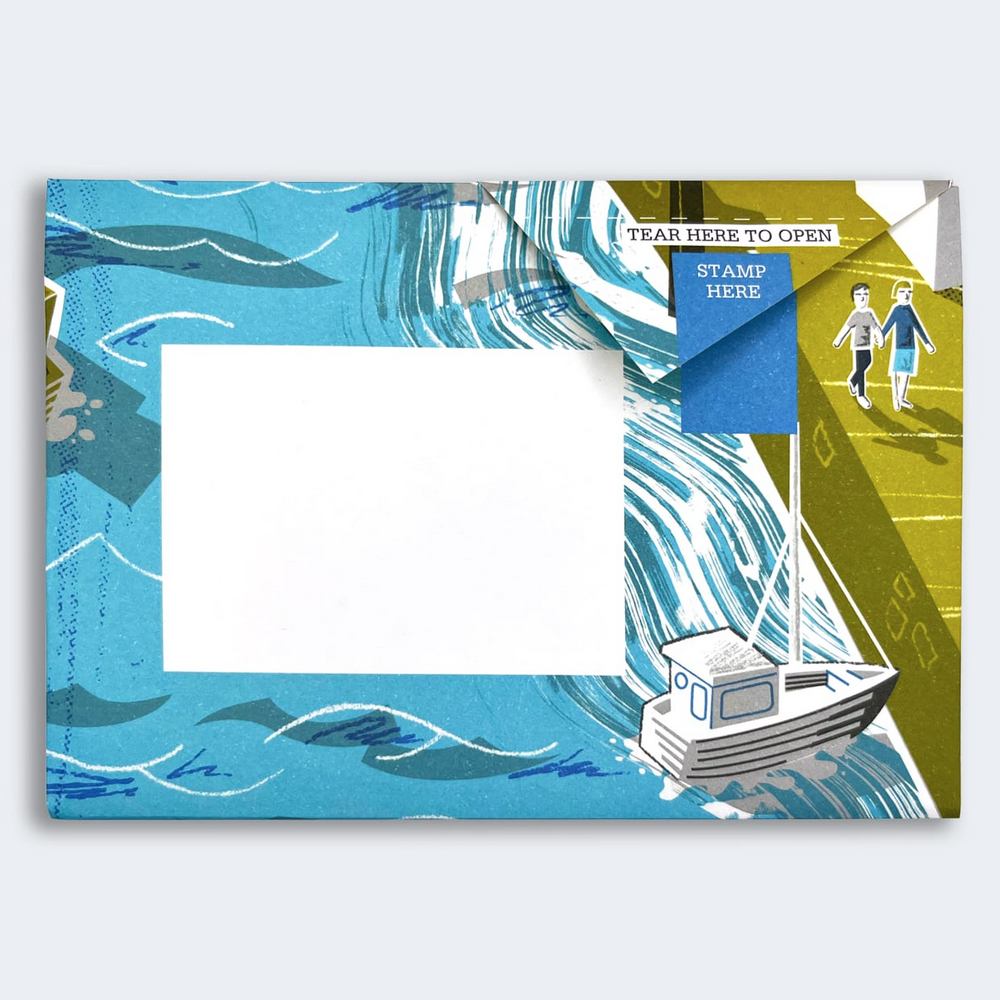 Pigeon Post- Safe Harbor sample with water and the dock illustration along with address area