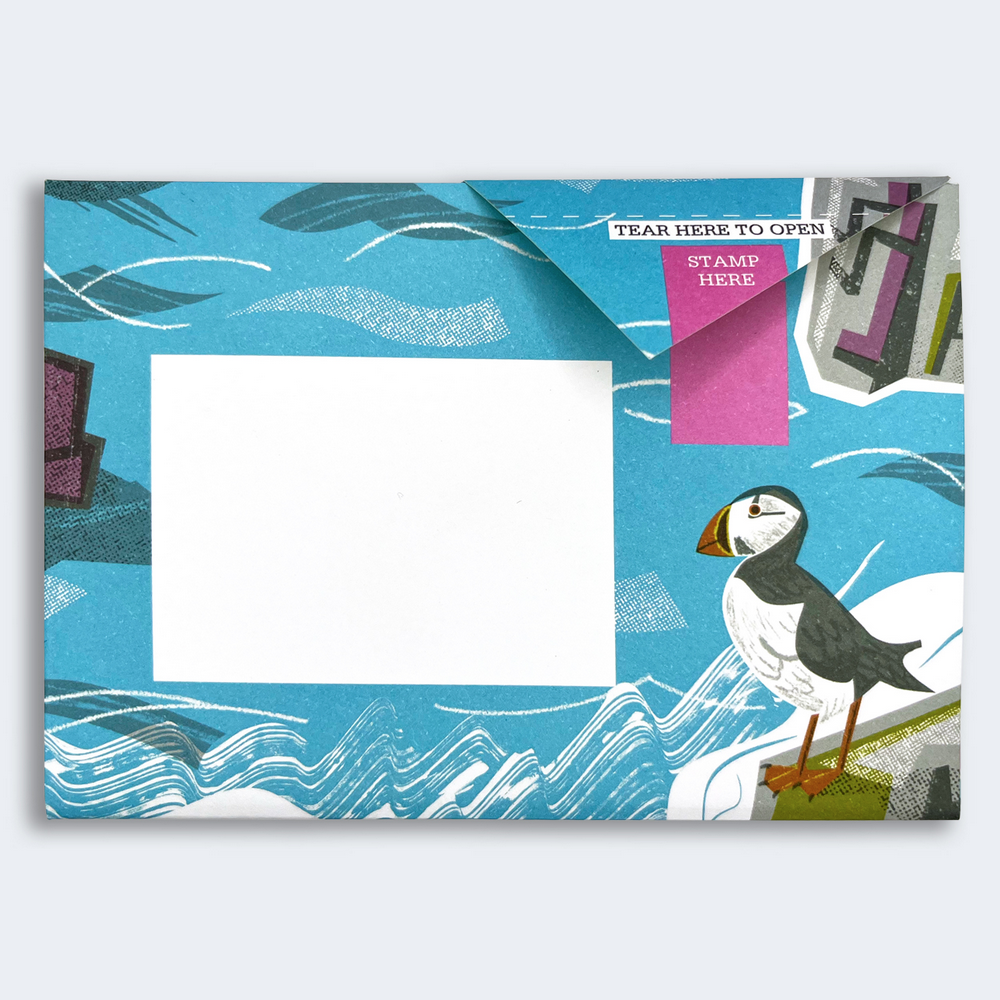 Pigeon Post- Safe Harbor sample with water and a puffin illustration along with address area