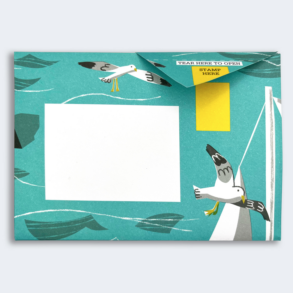 Pigeon Post- Safe Harbor sample with water seagulls illustration along with address area