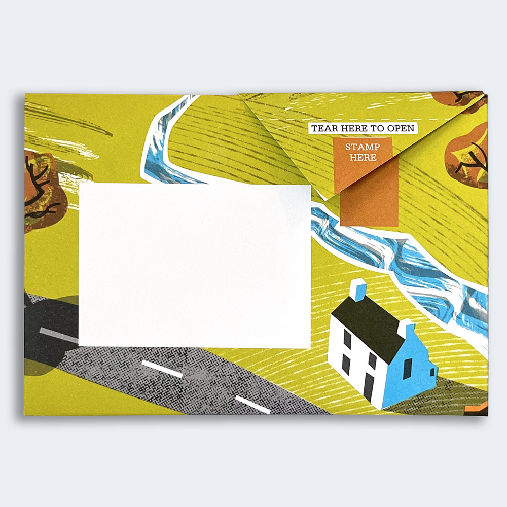 Pigeon Post- Safe Harbor sample with house and river illustration along with address area