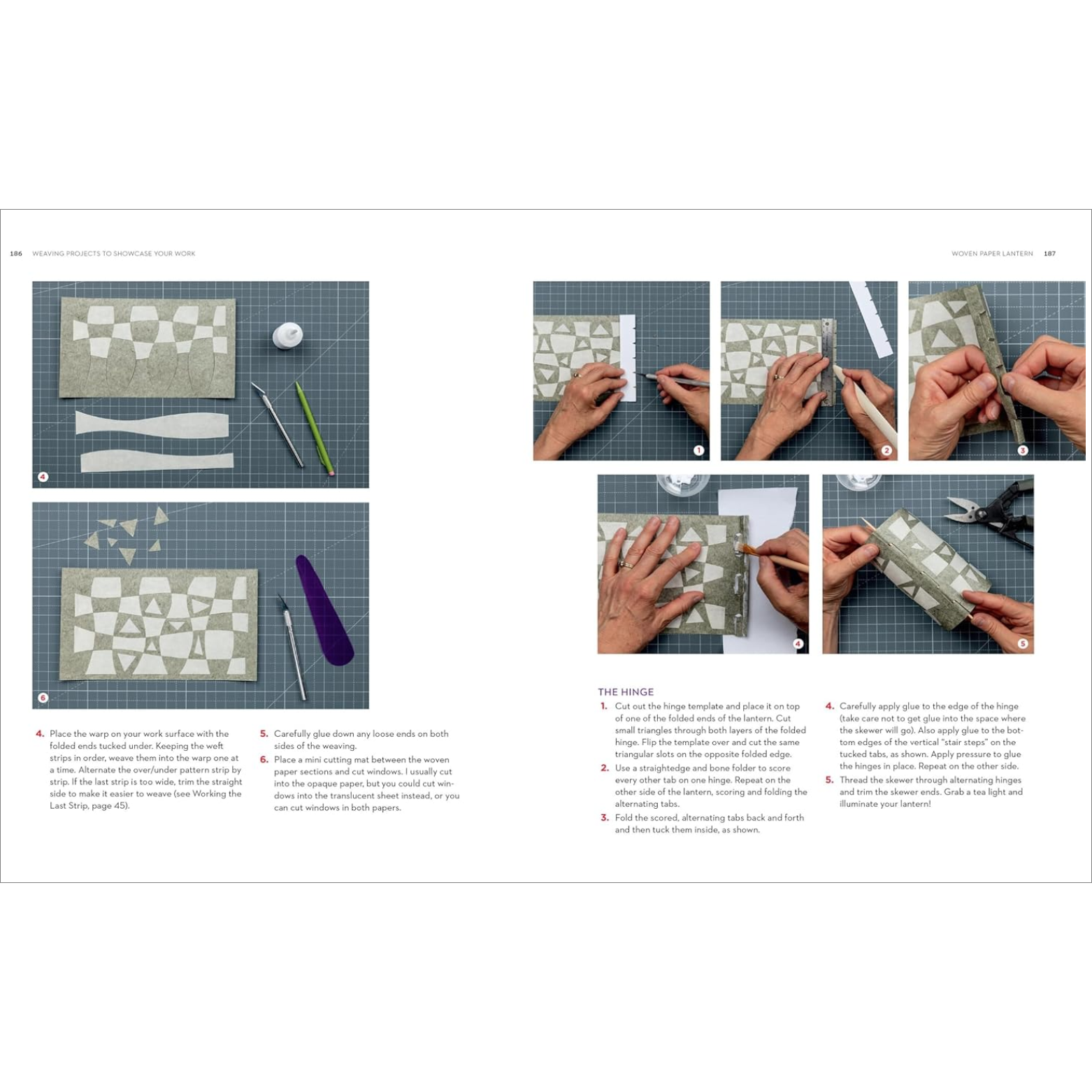 Step-by-step tutorial on applying a pattern to paper weaving with hands and tools.
