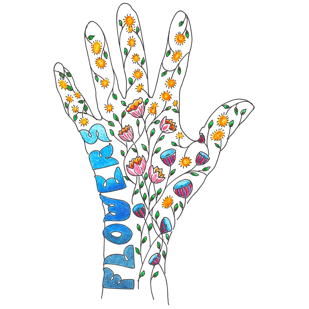 Art-Filled Hand  class sample with flowers and word "flowers"