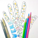 Art-Filled Hand  class sample with colorful flowers and art supplies