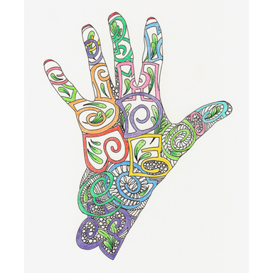 Art-Filled Hand class sample with hand line drawing filled in with patterns and colors