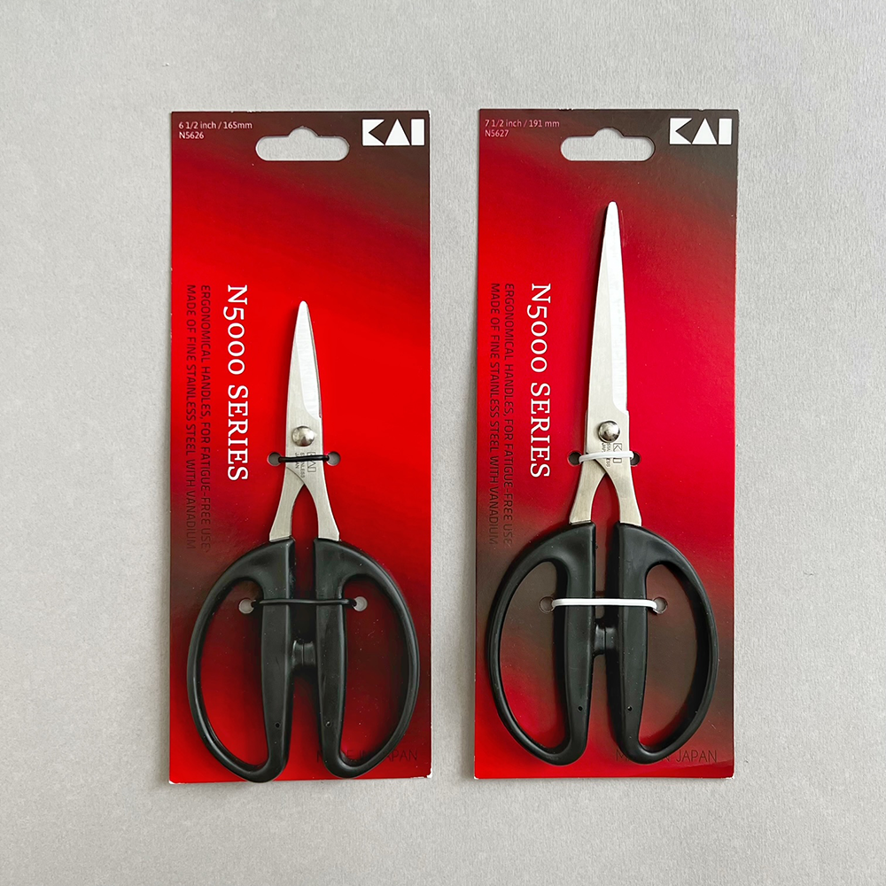 Kai Crafting Scissors shown in packaging- two sizes  Two Sizes: 6.5” and 7.5”  N5000 series