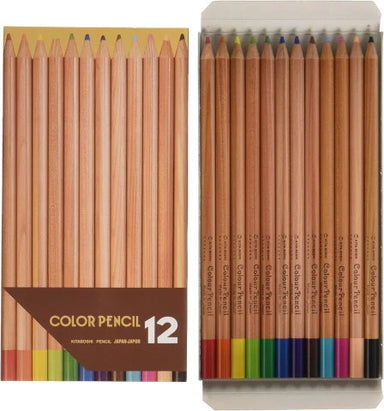 Kitaboshi Colored Pencils- Set of 12- image shows pencil box and pencils outside slip-case box