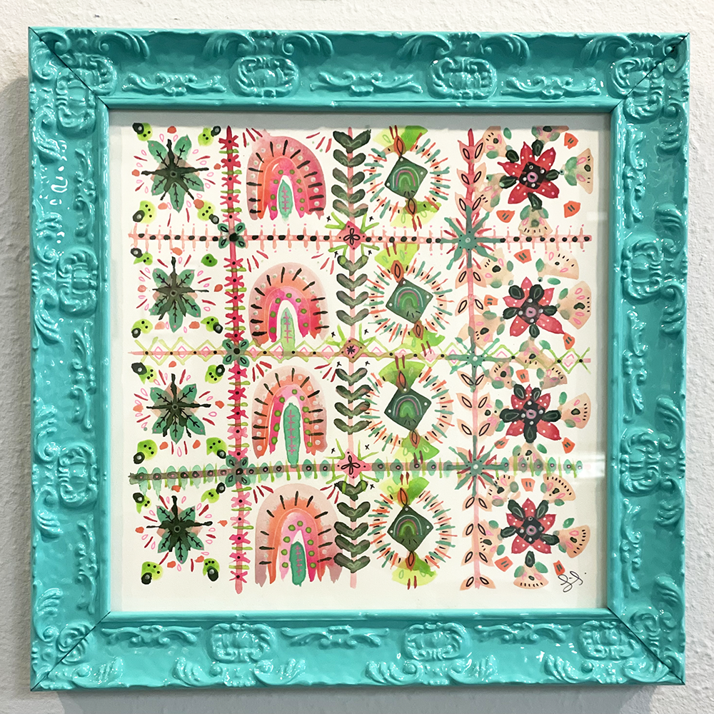 Ornamental Watercolor  Class sample in decorative turquoise frame