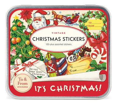 Cavallini & Co. Vintage Christmas Sticker Set front cove image of tin box. 