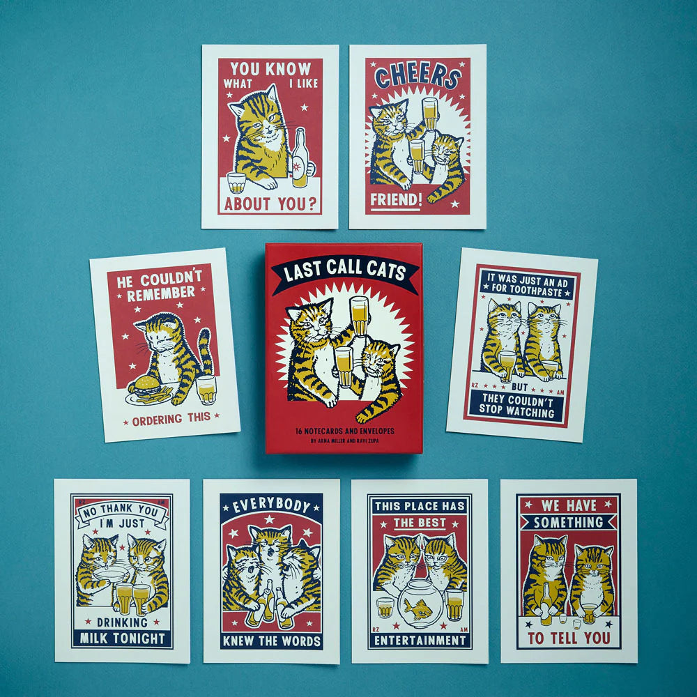 Last Call Cats Notecards and Envelopes Set- Set of cat-themed cards with humorous sayings on a blue background
