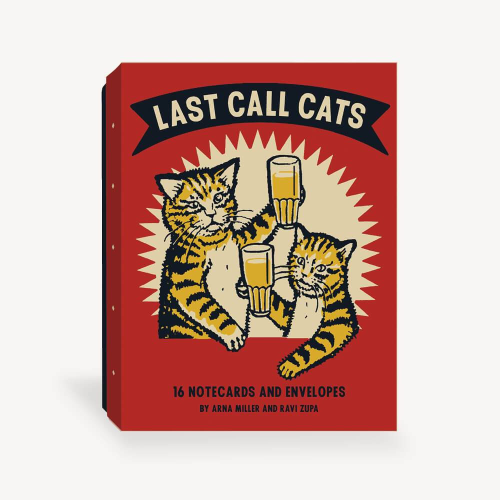 Last Call Cats Notecards and Envelopes Set- images shows box of 'Last Call Cats' notecards with two cats holding beer glasses on a red background.