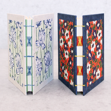 Two decorative hardcover books standing upright side by side on a light marble surface against a white wall. The left book has a cream cover with blue floral linocut-style illustrations and blue thread binding.