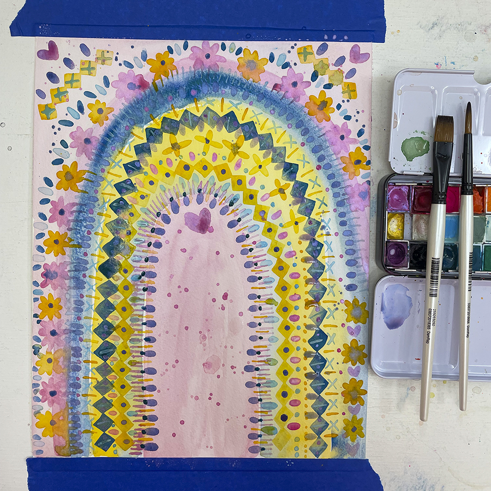 Divine Feminine Altar - Watercolor sample work in progress with art supplies