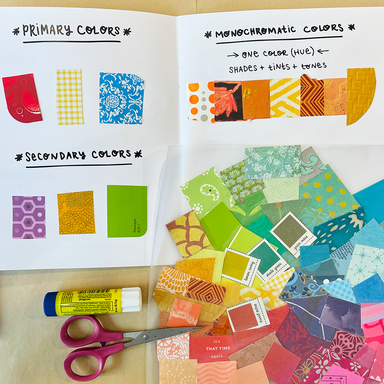 Discovering Your Intuitive Colors class color swatches in book with supplies