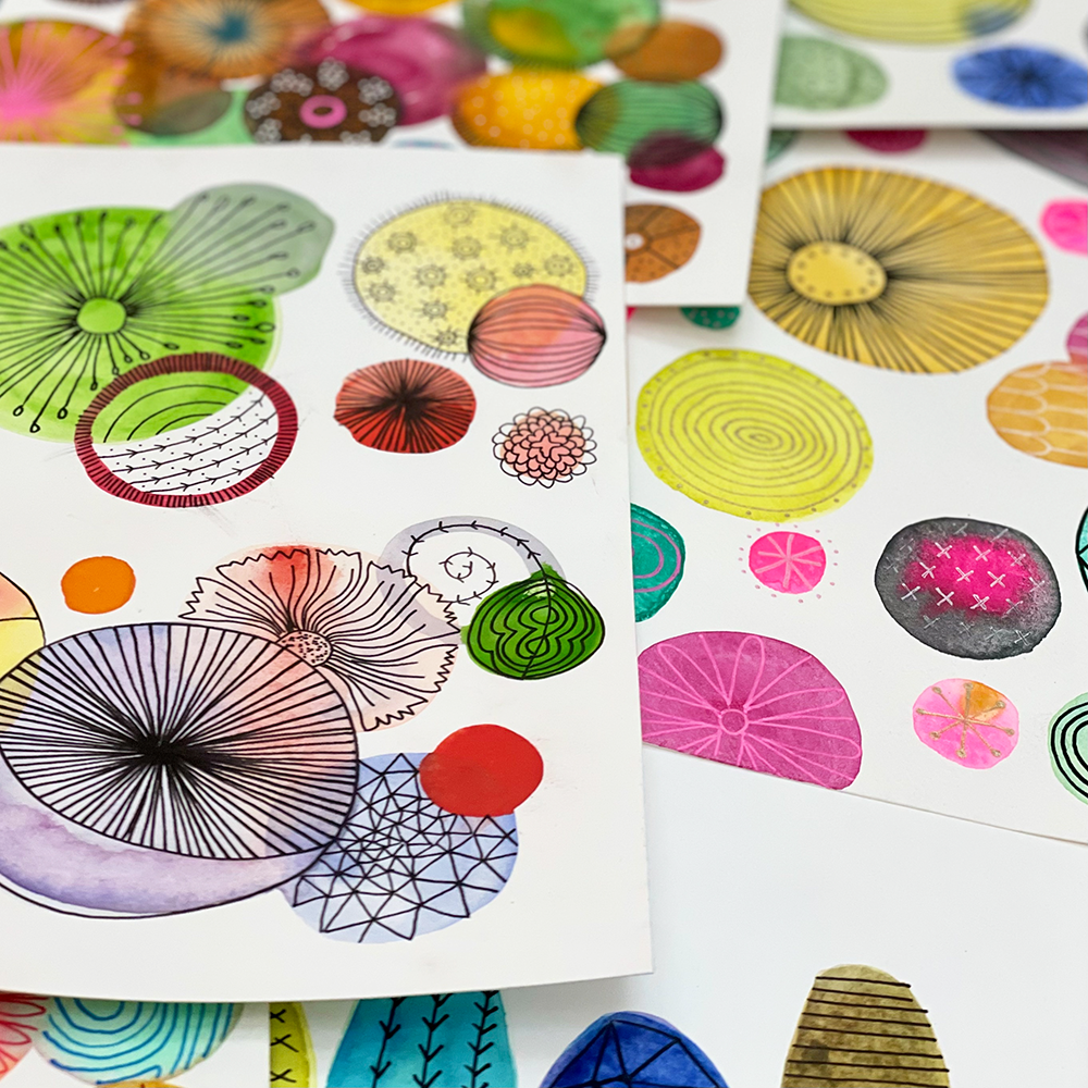 The Joy of Watercolor Doodling Class class samples with circle patterns and ink drawings