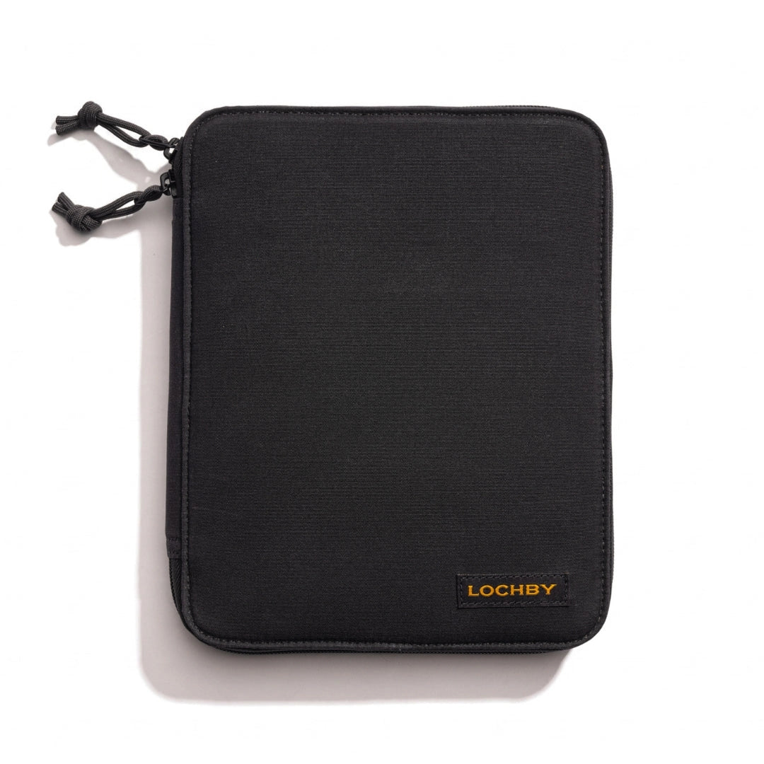 Lochby Daily Folio- A5 Size- a black textured zippered pouch with a small orange 'LOCHBY' brand label on the bottom right, shown on a clean white background.
