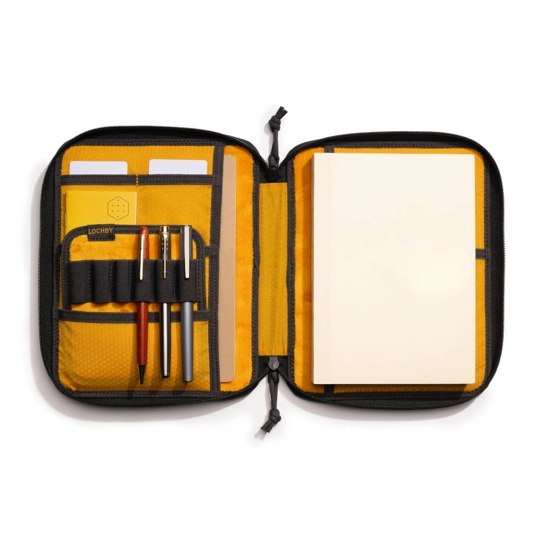 Lochby Daily Folio- A5 Size shown open with various optional accessories and notebooks (not included)