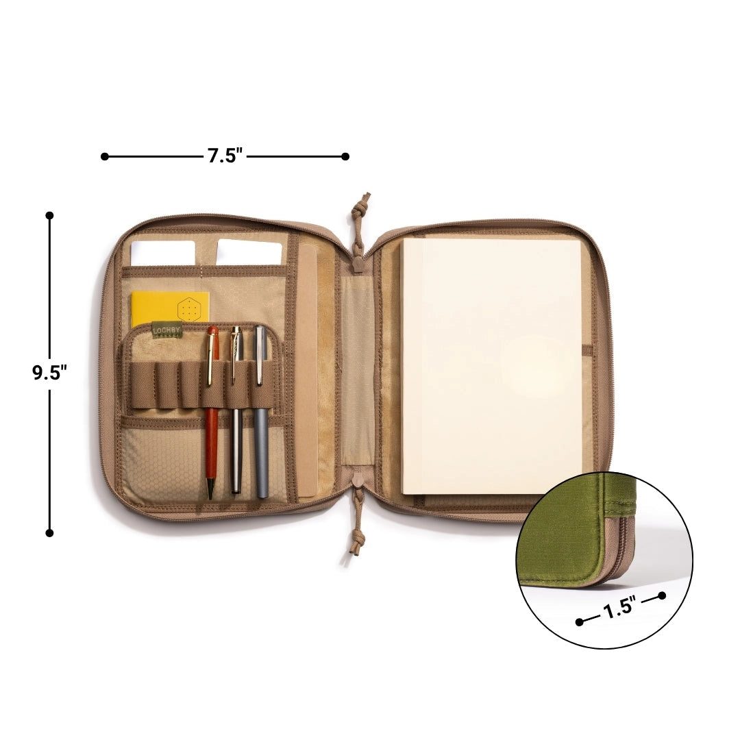 Lochby Daily Folio- A5 Size in lime with beige interior with dimensions shown. Pens and notebooks not included. 