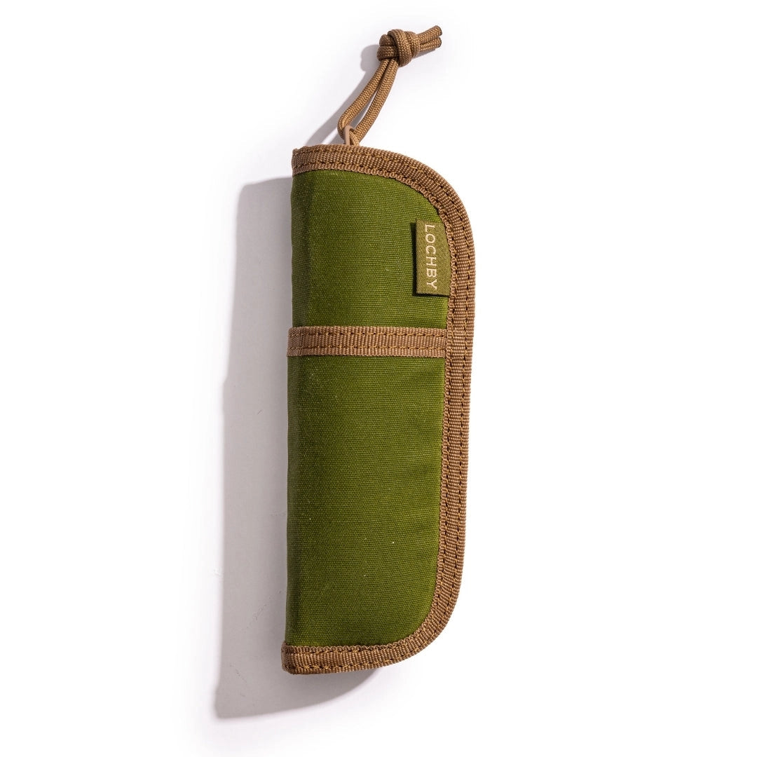 Lochby Duo Pen Pouch in olive green shown zippered closed
