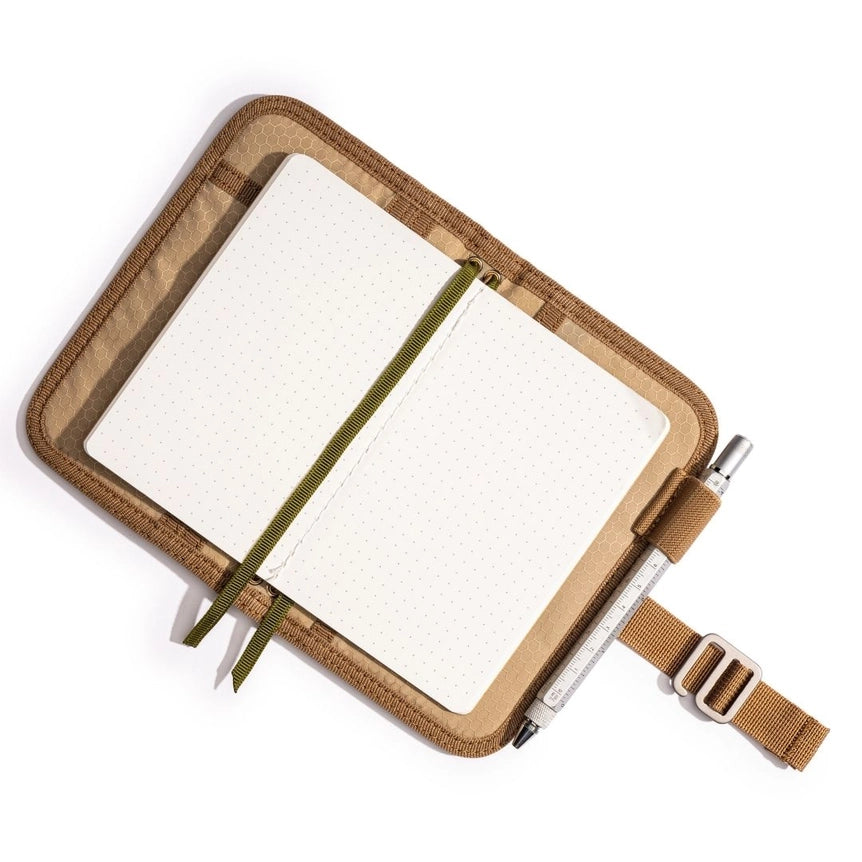 Lochby Mini Field Journal- olive with beige interior showing interior with one notebook
