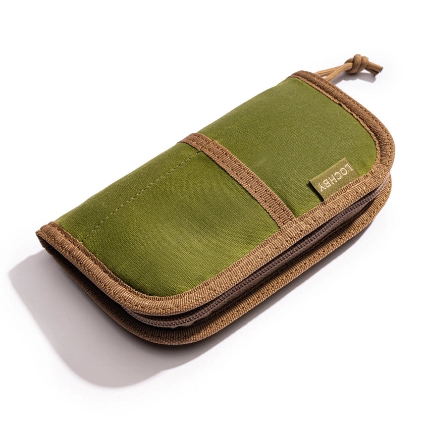 Lochby Quatro Pen Pouch- Olive colored, V2- lying flat, closed, on white background