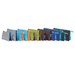 A row of small fabric zip pouches in assorted colors, including gray, blue, orange, green, brown, and black, arranged against a plain white background.