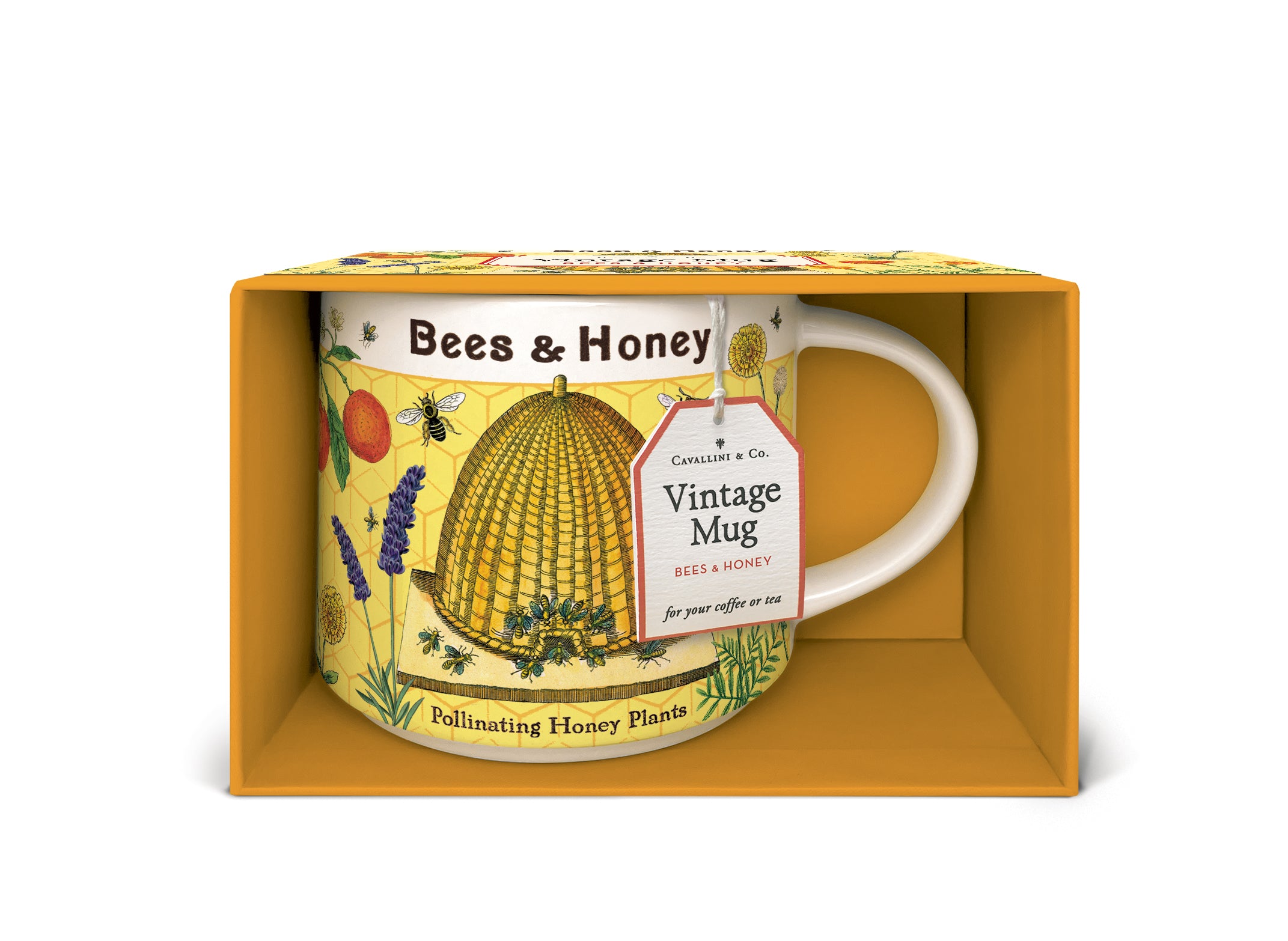 Cavallini & Co. Bees & Honey Ceramic Mug box shown open with tag