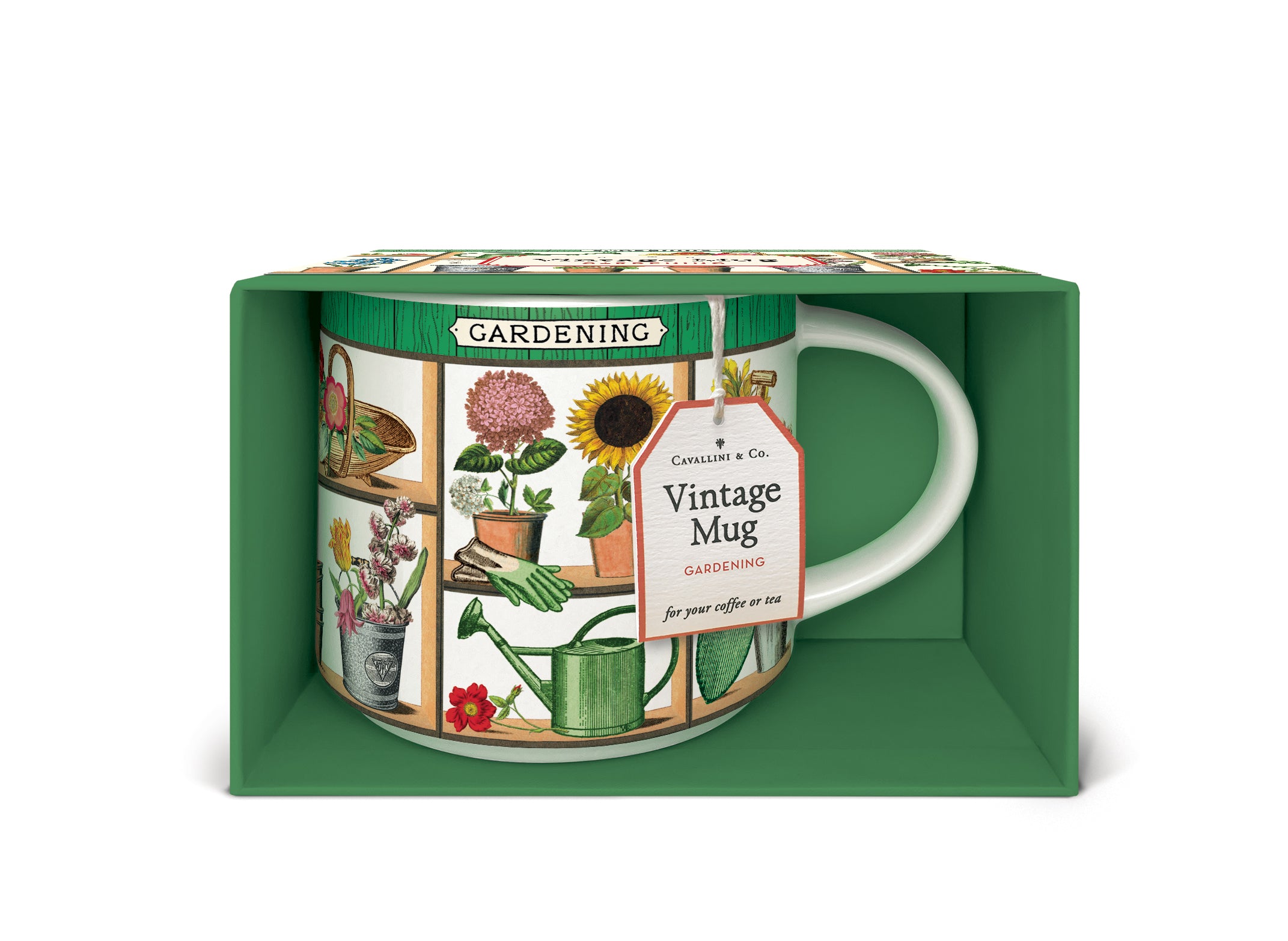 Cavallini & Co. Gardening Ceramic Mug shown in box with hanging tag