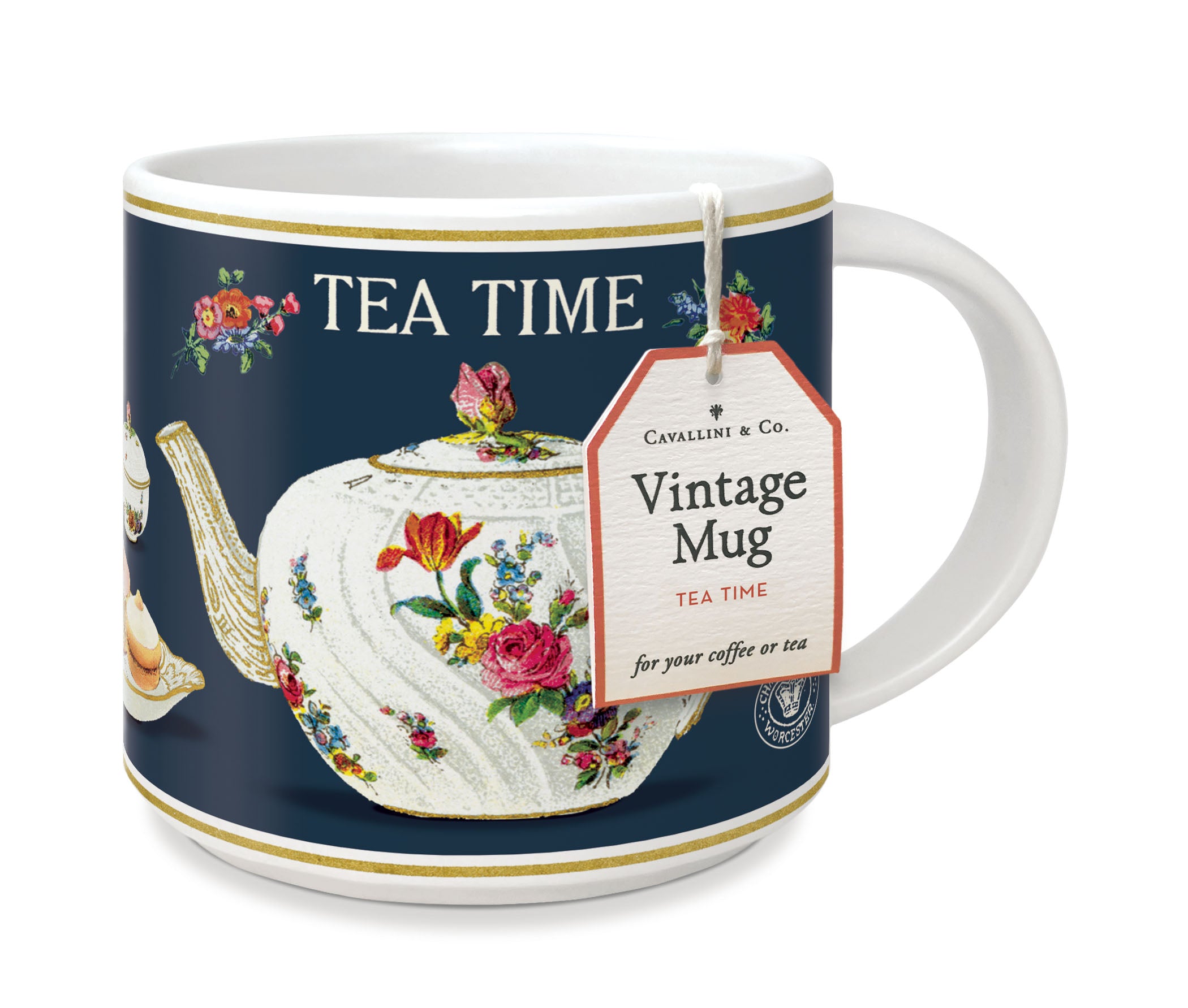 Tea time mug with floral design and 'Vintage Mug' label on a white background