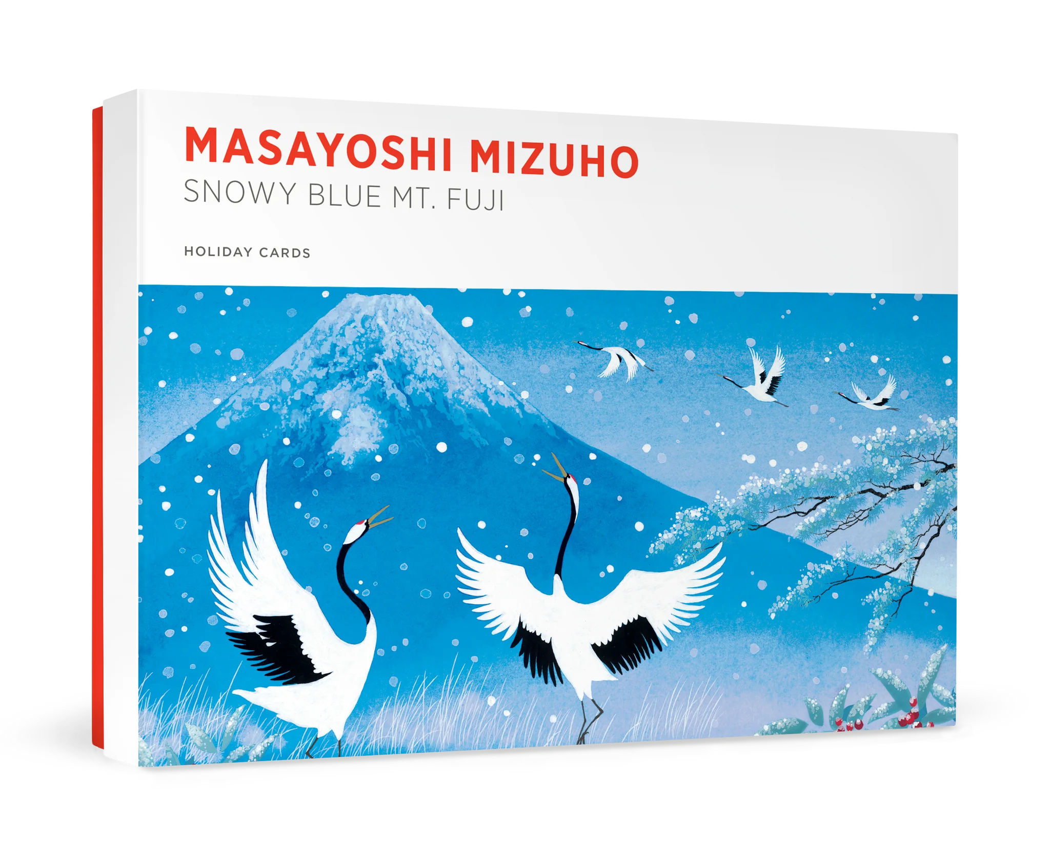 A boxed holiday card set by "MASAYOSHI MIZUHO titled "SNOWY BLUE MT. FUJI" on a clean white background.