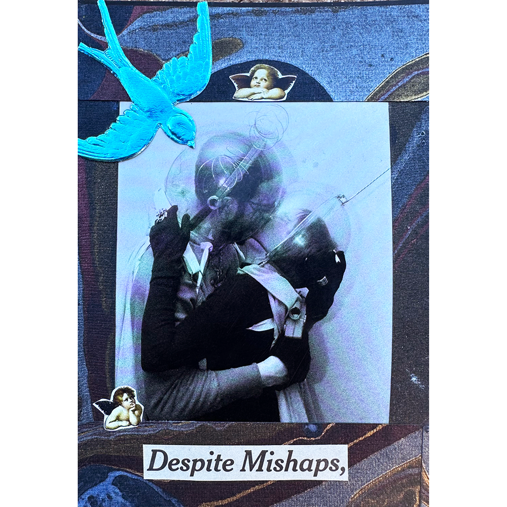 Altered Postcards Class Sample with couple kissing, angels, blue bird, decorative paper, and "despite Mishaps"